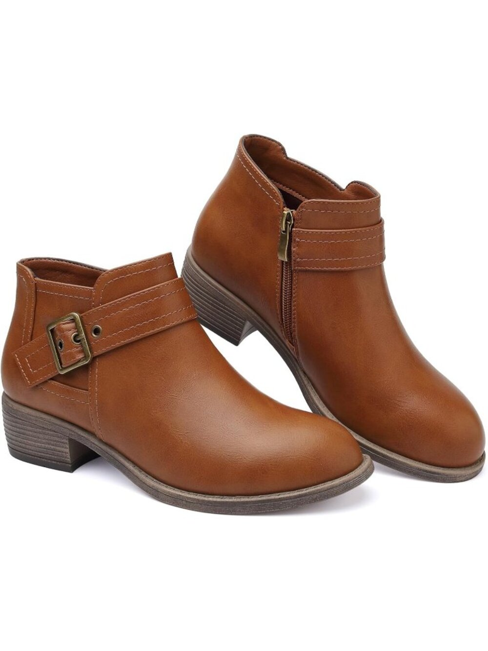 Women's Brown Ankle Boots Low Heel Booties Buckle Round Toe Fall Boots Side Zip